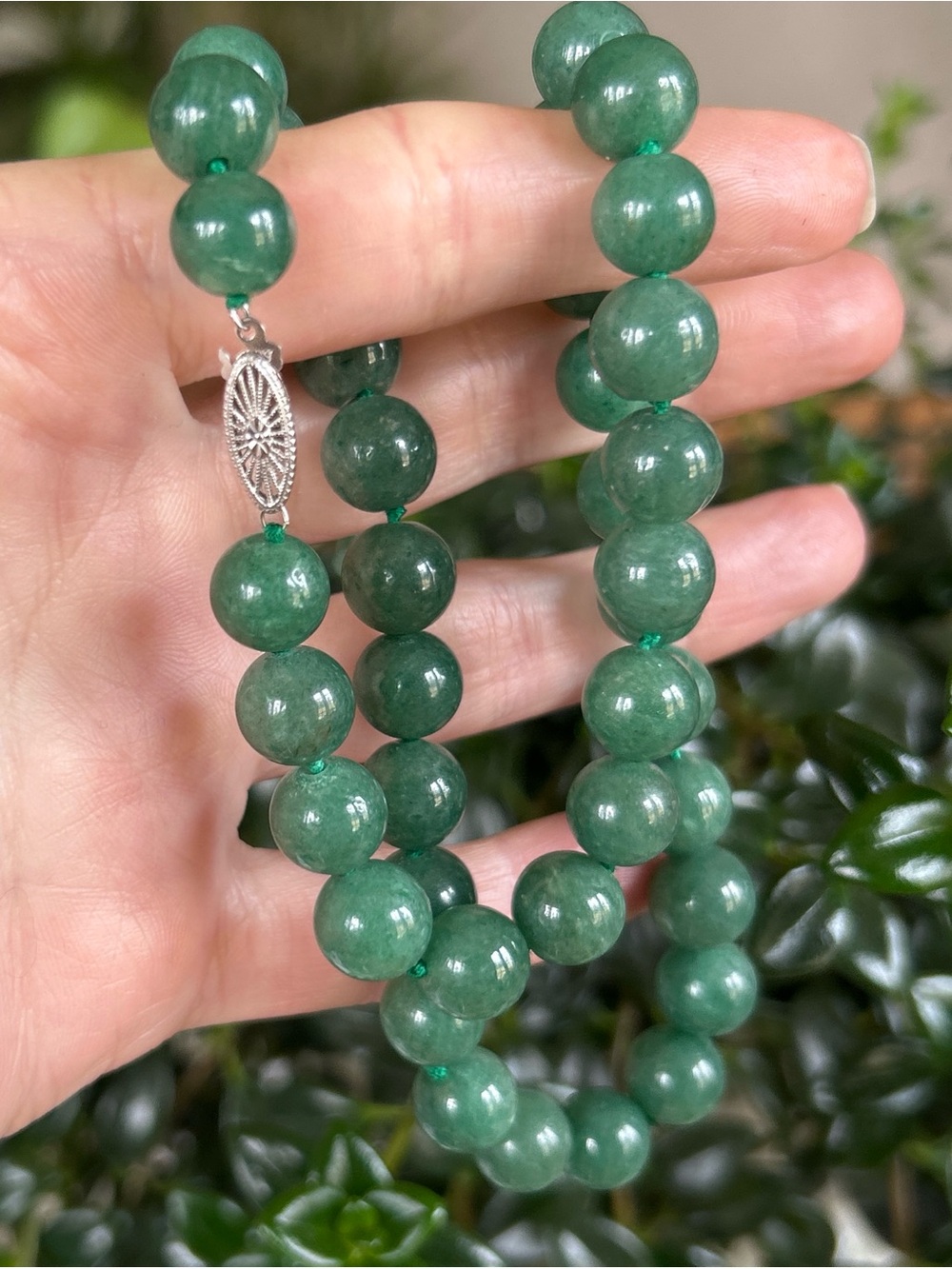 Vintage Genuine Green Jade Bead Necklace with 14K Gold Filigree Clasp